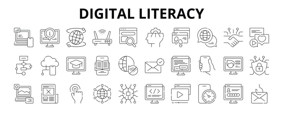 30 Digital Literacy Line Banner Web Icon Set Vector Illustration