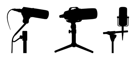 Fototapeta premium Broadcasting microphone set with a solid black silhouette design featuring professional audio equipment, media production, and sound recording with a desktop stand and white background