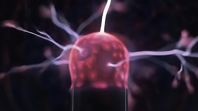 Glowing plasma ball with electric streams on a dark background, red core