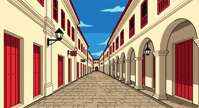 Retro pixel art of colonial street with red doors and blue sky
