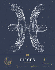Modern magic witchcraft card with astrology Pisces zodiac sign characteristic. Hand drawing art product. Vector illustration © annbozhko