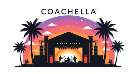 Coachella music festival stage at sunset with palm trees and vibrant sky © Ziaur