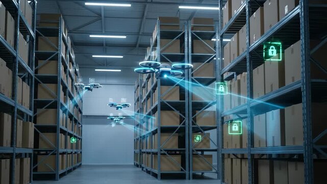 Autonomous drones scan cardboard boxes on high shelves in a modern industrial warehouse using blue laser beams and digital security icons