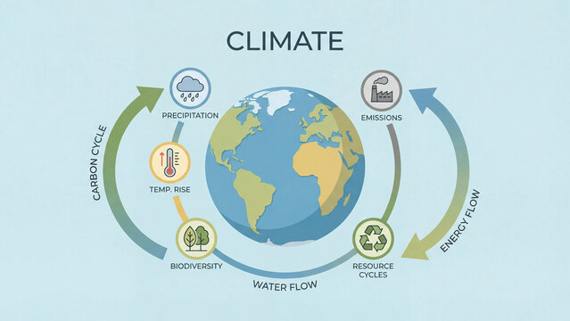 Climate system diagram illustrating carbon cycle water flow energy flow biodiversity emissions and precipitation for environmental science education