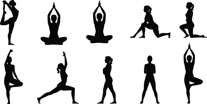 Yoga Poses Silhouettes Collection Women Practicing Fitness and Meditation Vector Illustration Set