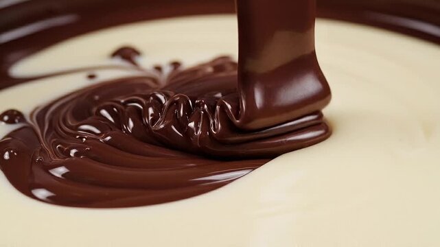 Rich Dark Chocolate Swirling into Creamy White Chocolate Close Up