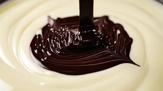 Rich Dark Chocolate Swirling into Creamy White Chocolate Close Up
