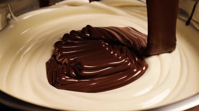 Rich Dark Chocolate Swirling into Creamy White Chocolate Close Up