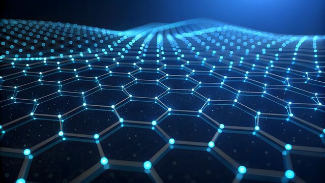 Futuristic AI neural network hexagon data web glowing blue digital connection technology background