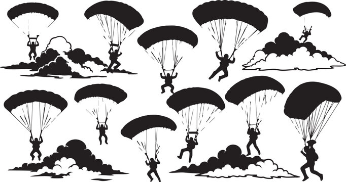 Parachuters in various poses and cloud formations silhouetted