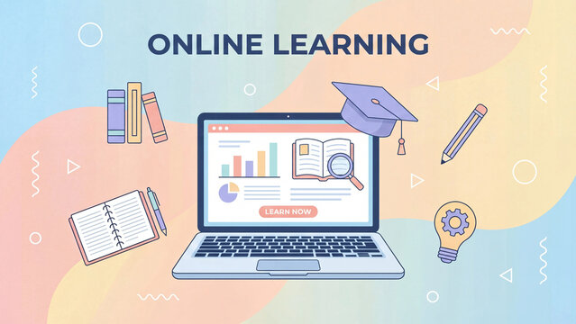 Online learning education digital platform banner promoting courses graduation and academic achievement for students seeking remote knowledge and skill development