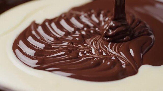 Rich Dark Chocolate Swirling into Creamy White Chocolate Close Up