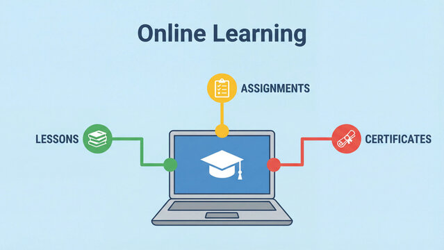 Online learning platform diagram connecting student laptop to digital lessons assignments and certificates for remote education and academic achievement tracking