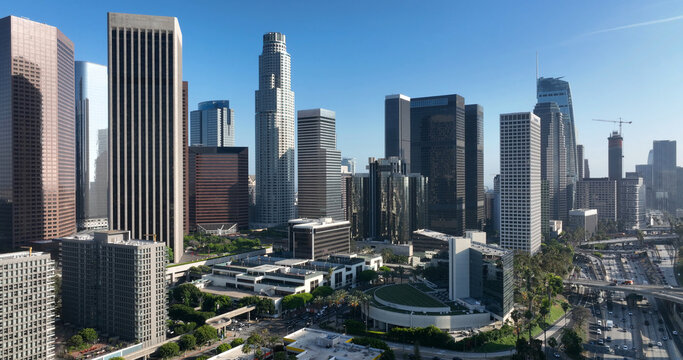 Los Angeles downtown skyline financial district. Los Angeles urban skyline modern architecture. Los Angeles cityscape towers skyscrapers panorama. Los Angeles aerial skyline sunny day.