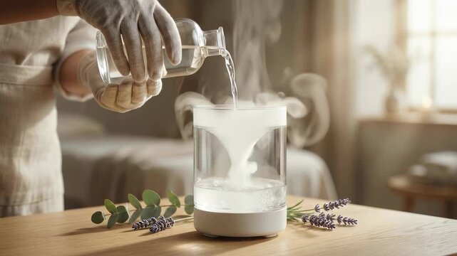 Close up of hands in white gloves pouring water into a glass ultrasonic aroma diffuser with swirling steam on a wooden table with lavender