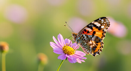 Naklejka premium Painted Lady on Cosmos Bloom Butterfly Pause Among Roses Orange Wings, Pink Petals Garden Moment: Butterfly on Flower