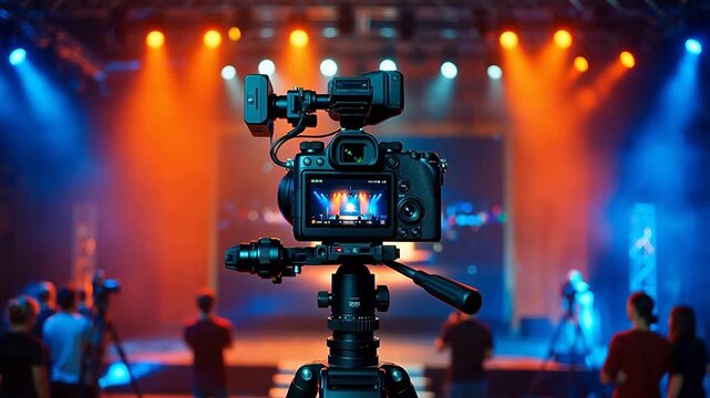 Stage camera setup with colorful lights