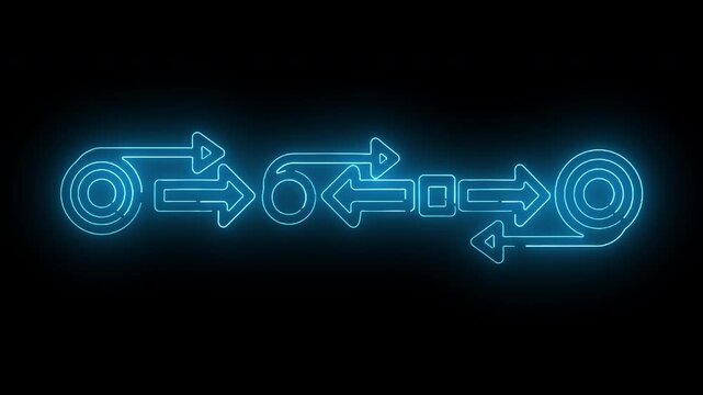 Glowing blue neon arrows forming a circular flow on a black background with a white space below.