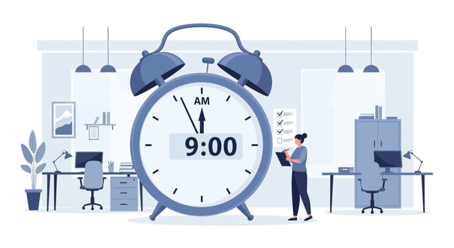 Alarm Clock Displaying 9 AM in a Modern Office Setting with a Woman.