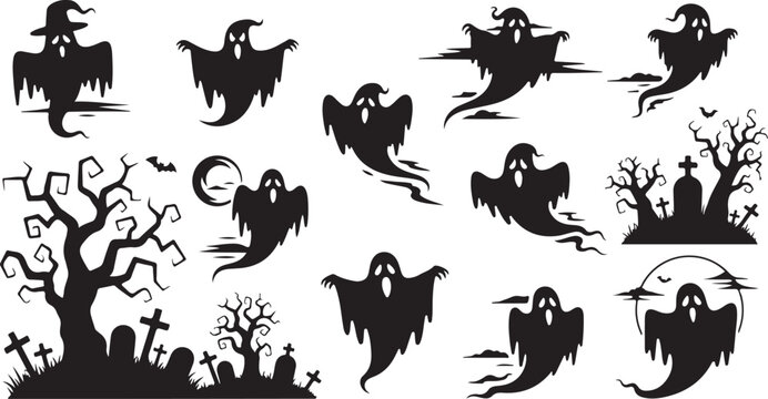 Halloween Ghosts Silhouettes Flying Around Graveyard at Night Time