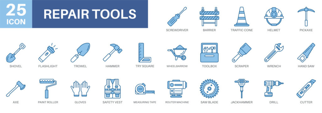 repair tools icon set, hammer, screwdriver,toolbox,safety vest, and measuring tape. Simple vector symbols for strategy and development