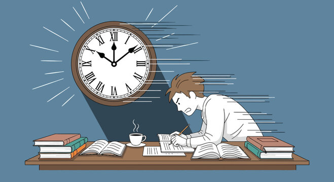 Stressed student studying with books and coffee racing against time.