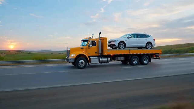 Yellow truck transporting white car on highway