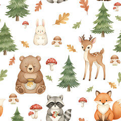 Fototapeta premium Watercolor Woodland Animals Deer Bear and Fox Forest Pattern