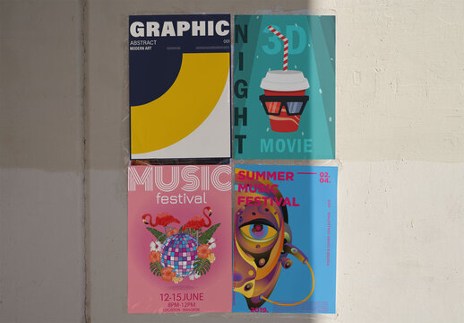 Real photo of four guerrilla Posters Displayed on Wall. PSD template mockup.