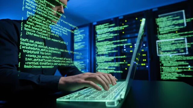 Hacker typing on glowing glass keyboard in dark server room attempting unauthorized access to corporate data network