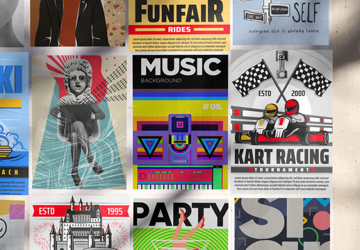 Real photo of Bright of various guerrilla posters. PSD template mockup.
