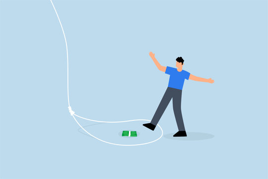 Money trap to trick greed people, businessman attempts to navigate tricky rope trap in order to obtain bundle of money banknotes