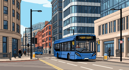 Obraz premium Urban cityscape with blue buses and modern architecture in retro pixel art style