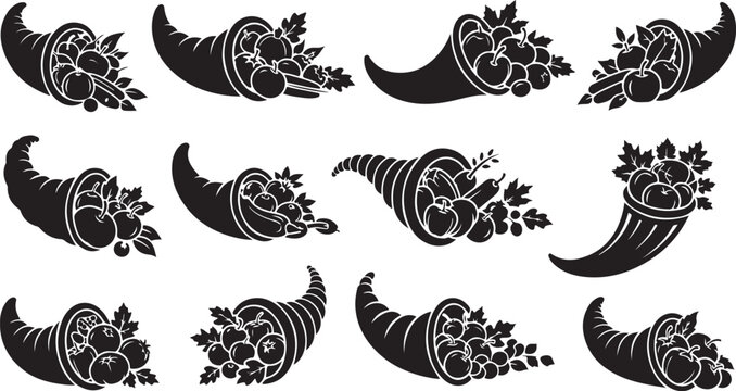 Black and white cornucopia illustrations with fruits and flowers
