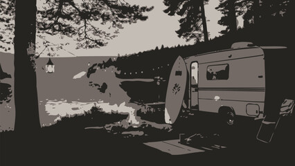 Camper van parked by serene lake with campfire burning