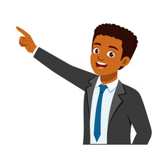 Smiling African American businessman pointing excitedly an uplifting gesture in a professional suit with tie