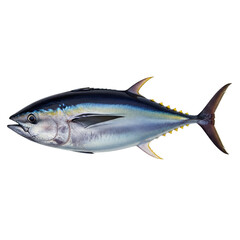 Fototapeta premium Yellowfin tuna fish with blue and silver scales and yellow fins isolated on a transparent background