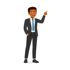 Fototapeta premium Smiling Confident African American Man in Suit Pointing Upwards with Hand in Pocket Business Illustration