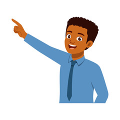 Smiling African American man happily pointing his finger demonstrating direction and showing something