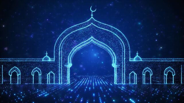 Islamic mosque entrance with glowing blue neon lights and crescent moon.