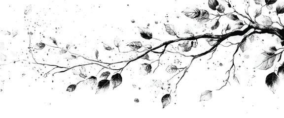 Delicate black and white ink of a bare tree branch with scattered leaves ink leaves © sultan