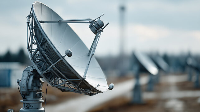 Satellite Dish Array: Large, metallic satellite dishes, poised and ready, form an impressive array against a subtly blurred background. They stand as silent sentinels of modern communication.