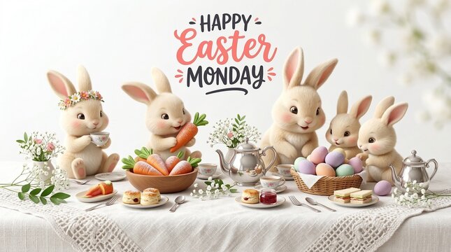 Cute Easter Bunnies Celebrate Easter Monday with a Tea Party