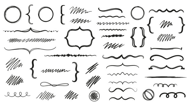 Large collection of hand drawn scribbles, brackets, dividers, and circular frames in a rough charcoal or marker style for creative design.