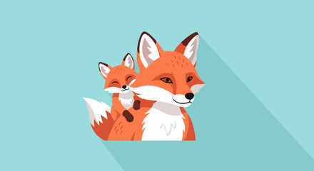 Fototapeta premium Cartoon Fox Mother With Her Cub In Flat Illustration Style