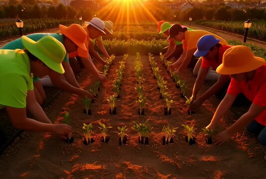 Aerial shot of diverse community garden volunteers planting seedlings together in raised beds during a golden sunset.