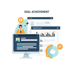 Business dashboard on computer screen with charts and graphs.