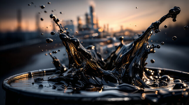 Oil Spill in Industrial Landscape: The raw power of industry meets the unsettling reality of pollution, with oil erupting from a barrel against a backdrop of smokestacks and a hazy sky.