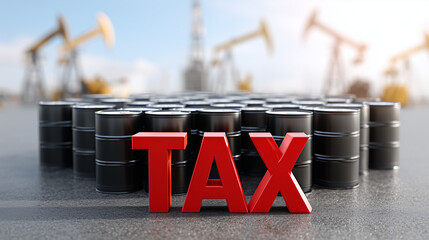 Tax and Oil: A bold red TAX sits prominently before a grid of oil barrels, subtly underscored by oil rigs in the background.