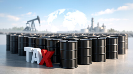 Obraz premium Oil Tax Concept: A thought-provoking composition featuring oil barrels, along with the word 'TAX' prominently displayed, symbolizing the financial aspects of the petroleum industry.